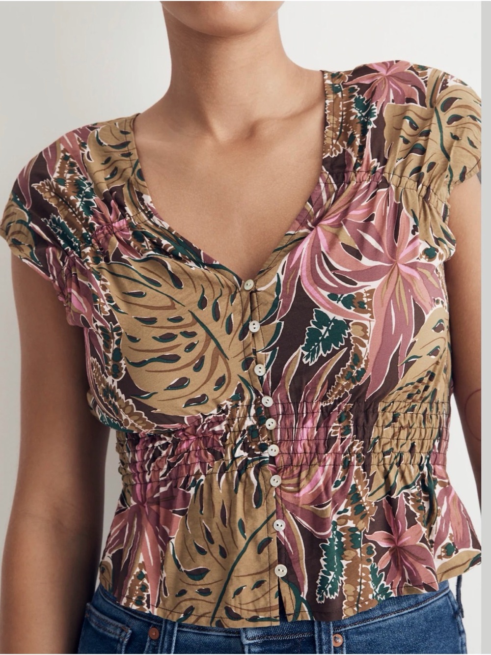 Madewell
Shirred Cap-Sleeve Top in Brushstroke Monstera